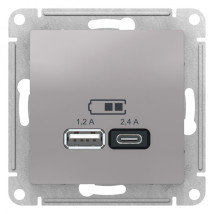 Розетка Systeme Electric AtlasDesign USB 2-местная, разъем типа A+C скрытой установки, механизм, цвет - алюминий