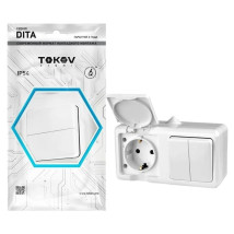 Блок TOKOV ELECTRIC Dita двухклавишный выключатель 10А + розетка 16А с заземлением открытой установки, номинальный ток - 16 А, 250 В, степень защиты IP54, цвет - белый