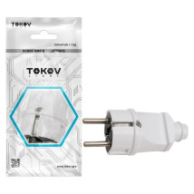 Вилка прямая TOKOV ELECTRIC с заземлением, номинальный ток - 16 А, 250 В, степень защиты IP20, цвет - белый